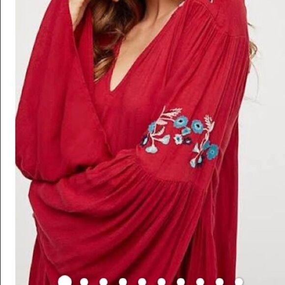 Free people red bell sleeve floral embroidered tunic dress Small - Picture 1 of 5